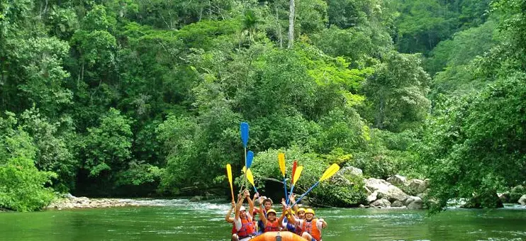 Grupo de turistas levantando sus remos llenos de emoción durante la actividad de rafting en las aguas del Cañón de Río Claro, una aventura imperdible en el tour a Doradal.